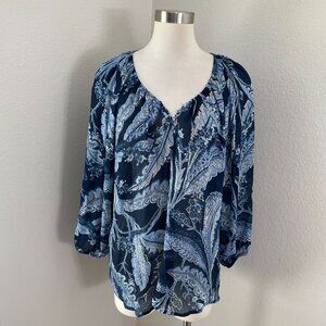 Chaps Womens XL Blue Floral Leaf Print Blouse Long Sleeve Lightweight Boho Shirt
